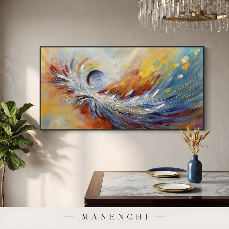 Prismatic Velocity Swirl abstract painting displayed in dining room interior