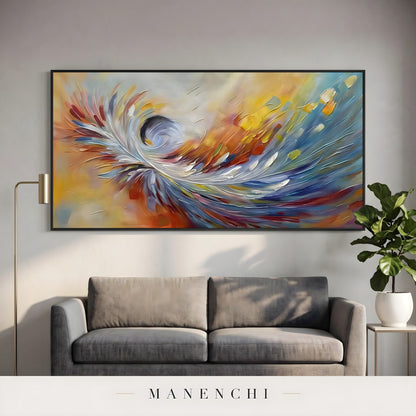Prismatic Velocity Swirl abstract painting displayed in living room sofa