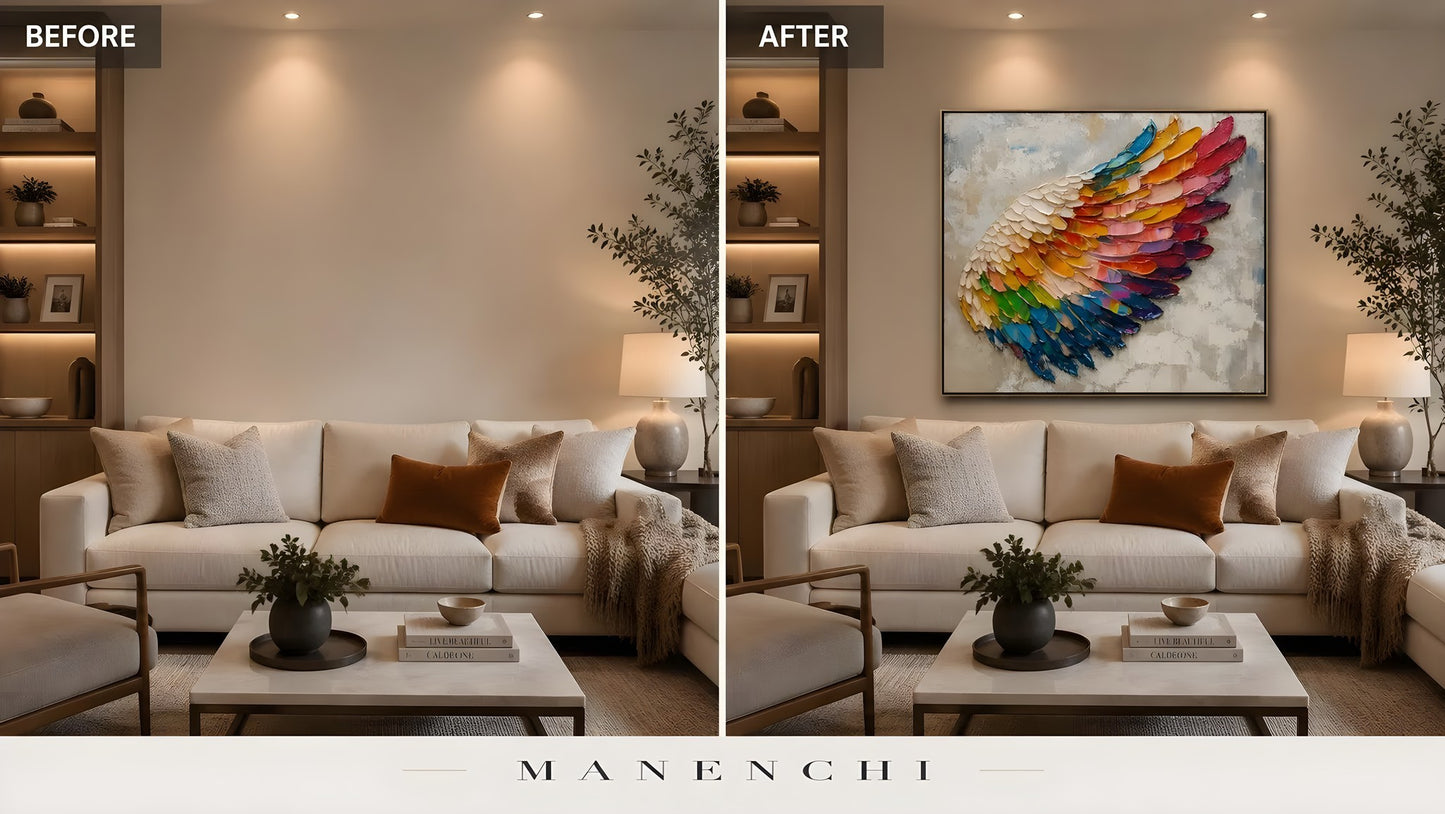 Prismatic Wing Ascent original hand-painted abstract painting, before and after in a styled room