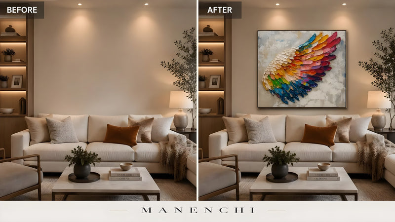 Prismatic Wing Ascent original hand-painted abstract painting, before and after in a styled room