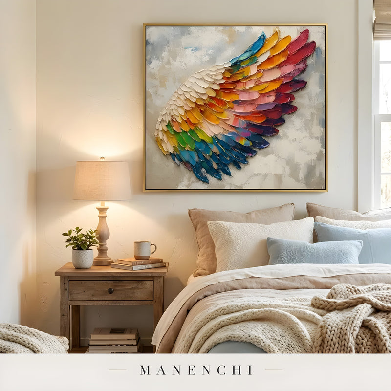 Prismatic Wing Ascent abstract painting displayed in cozy bedroom nightstand
