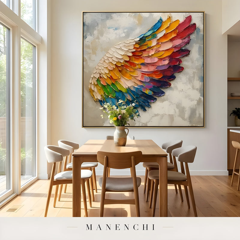Prismatic Wing Ascent abstract painting displayed in dining room interior