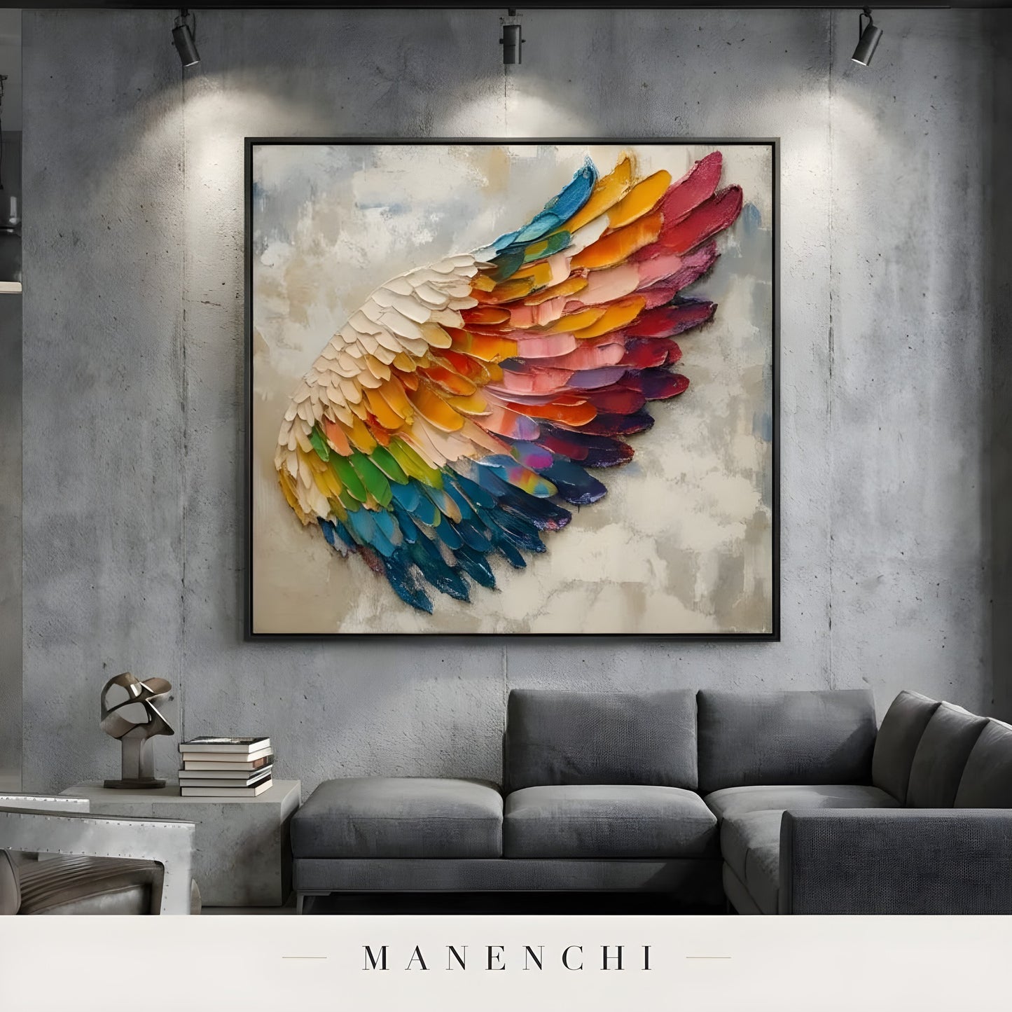 Prismatic Wing Ascent abstract painting displayed in living room sofa