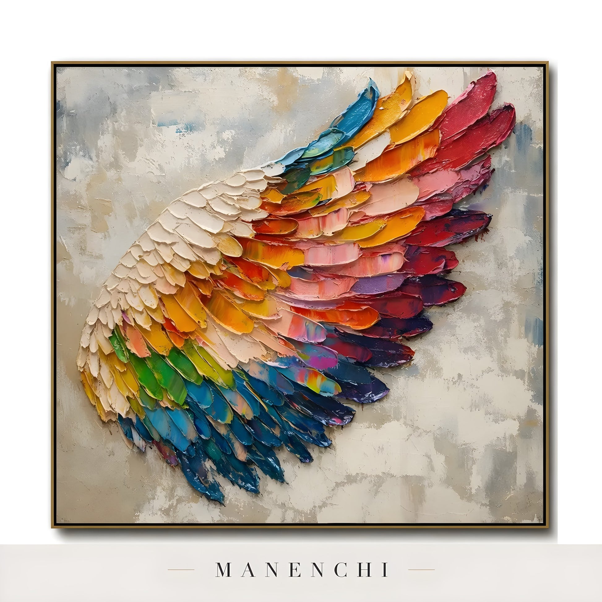 Close-up detail of the textured brushwork in Prismatic Wing Ascent