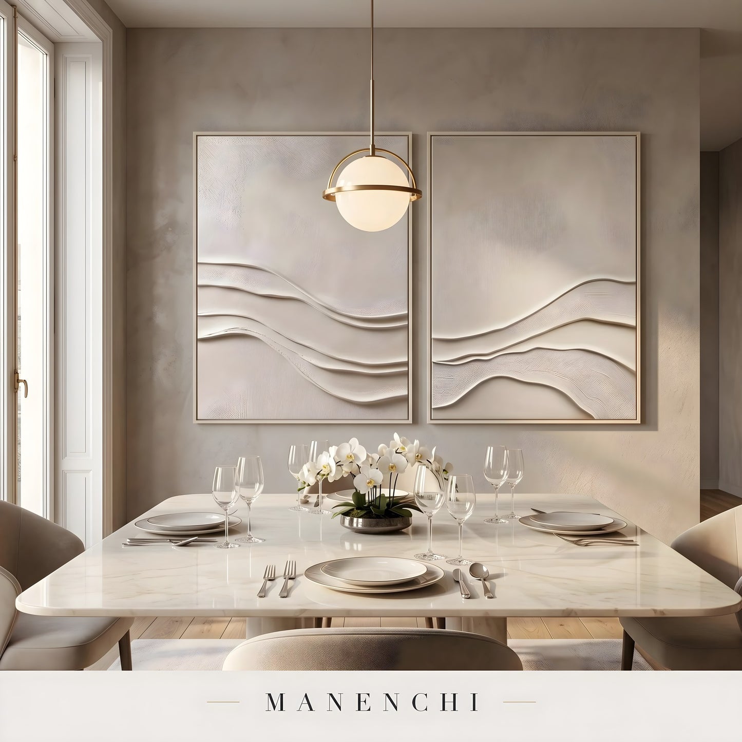 Quiet Currents abstract painting displayed in dining room interior setting