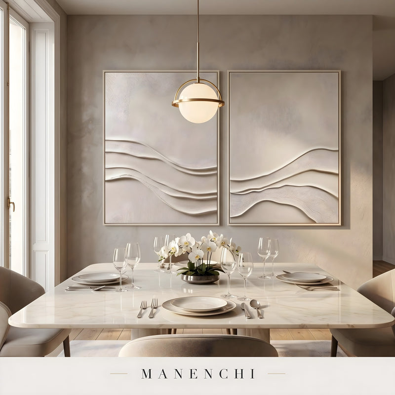Quiet Currents abstract painting displayed in dining room interior setting
