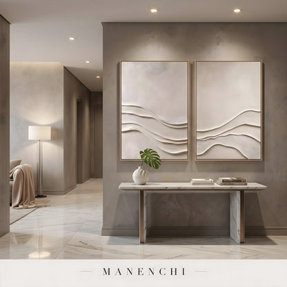 Quiet Currents abstract painting displayed in entryway console table decor