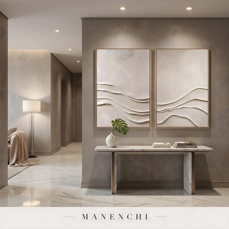 Quiet Currents abstract painting displayed in entryway console table decor