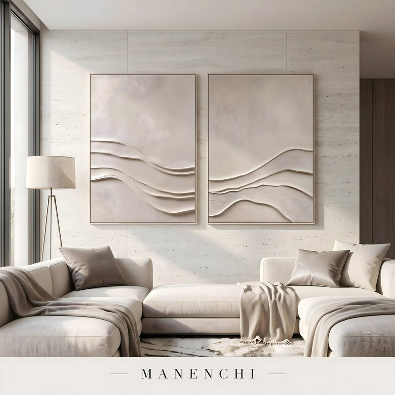 Quiet Currents abstract painting displayed in living room sofa display