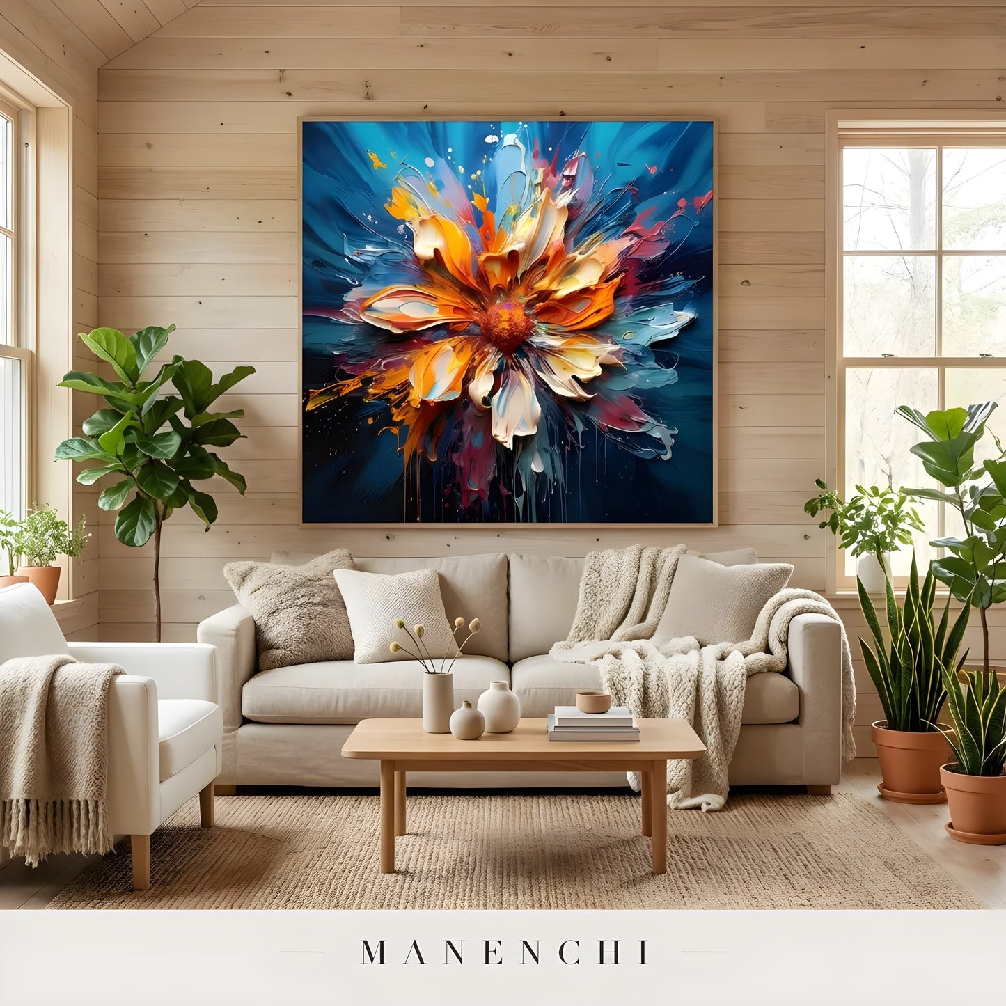 Radiant Kinetic Bloom abstract painting displayed in cozy lounge interior