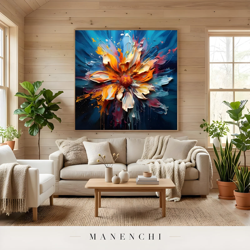 Radiant Kinetic Bloom abstract painting displayed in cozy lounge interior