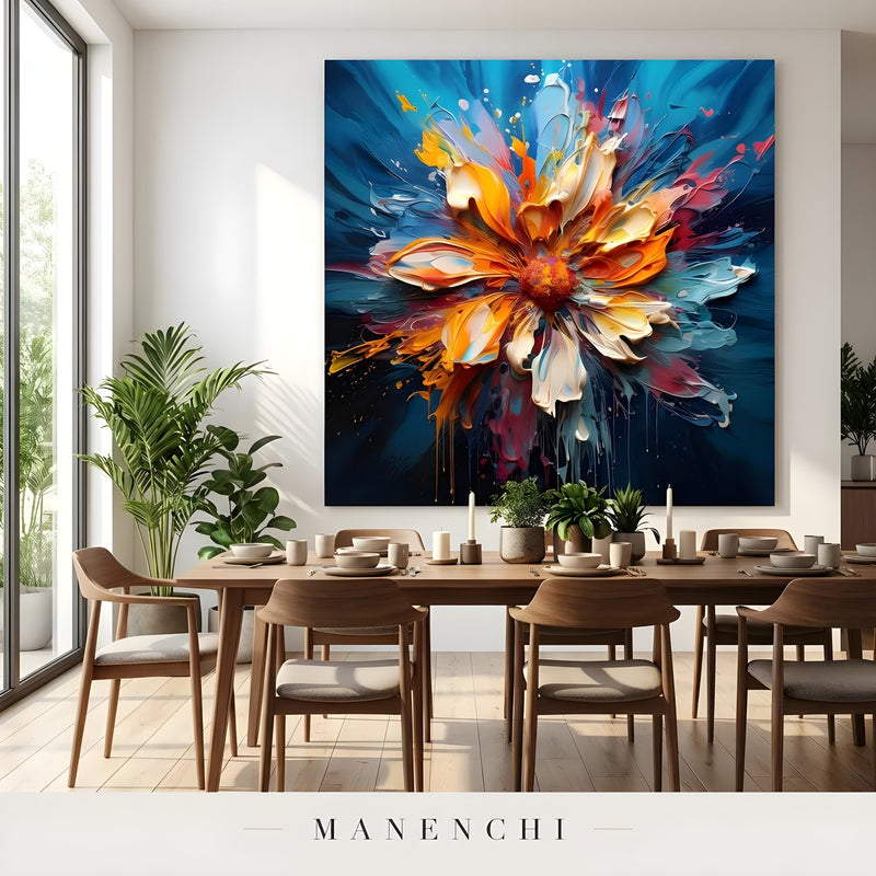 Radiant Kinetic Bloom abstract painting displayed in elegant dining room