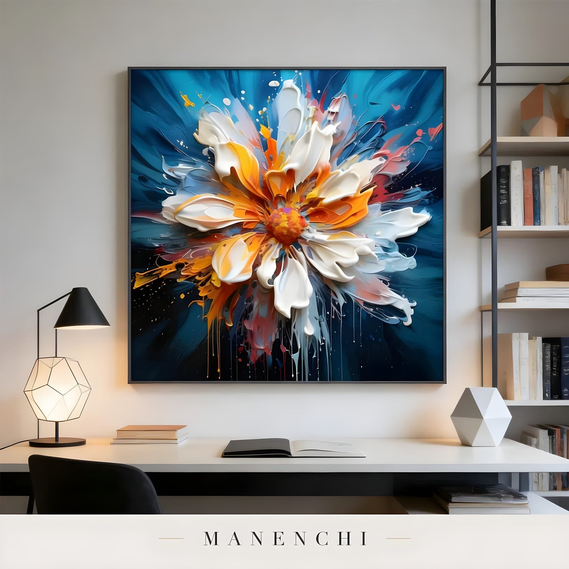 Radiant Kinetic Bloom abstract painting displayed in home office desk