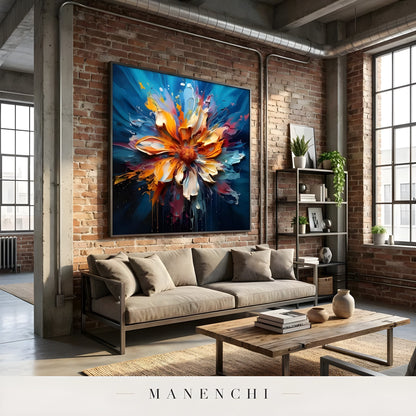 Radiant Kinetic Bloom abstract painting displayed in industrial loft living room
