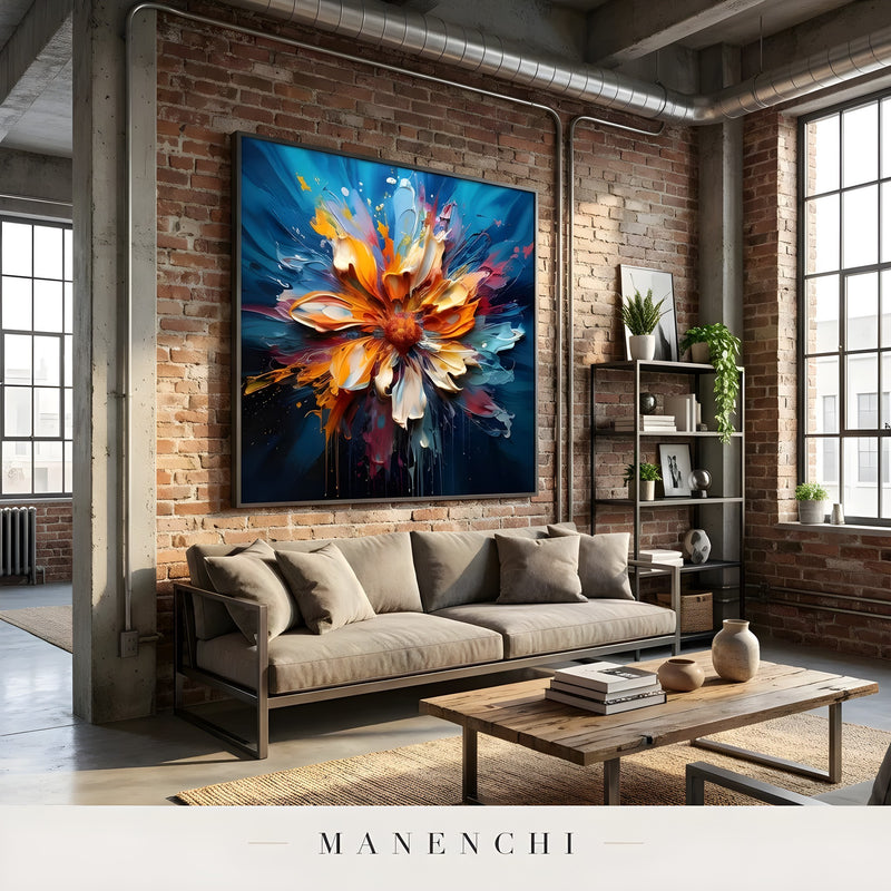 Radiant Kinetic Bloom abstract painting displayed in industrial loft living room