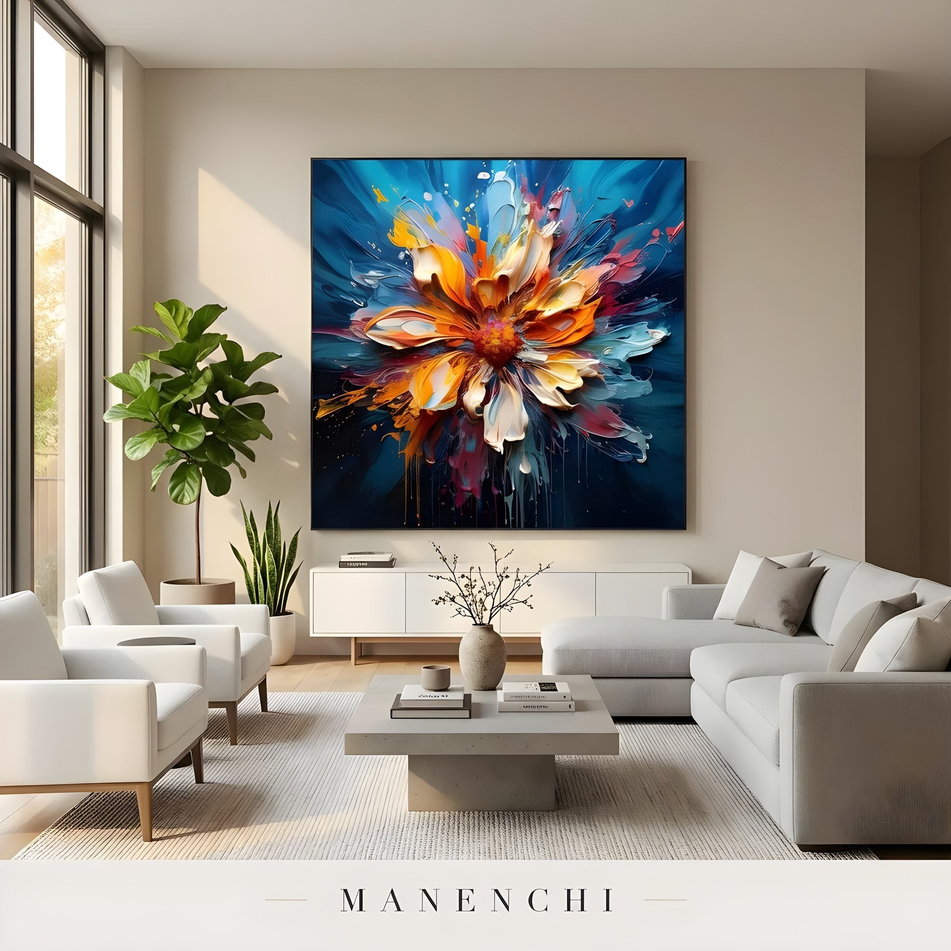 Radiant Kinetic Bloom abstract painting displayed in modern living room