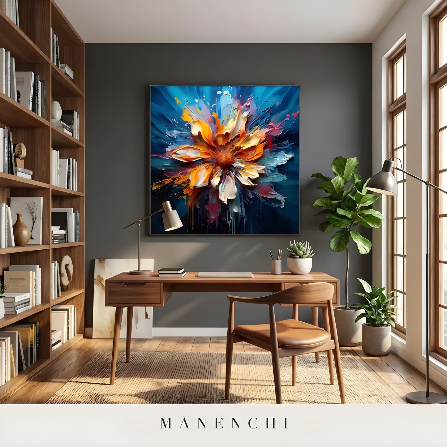 Radiant Kinetic Bloom abstract painting displayed in moody study library