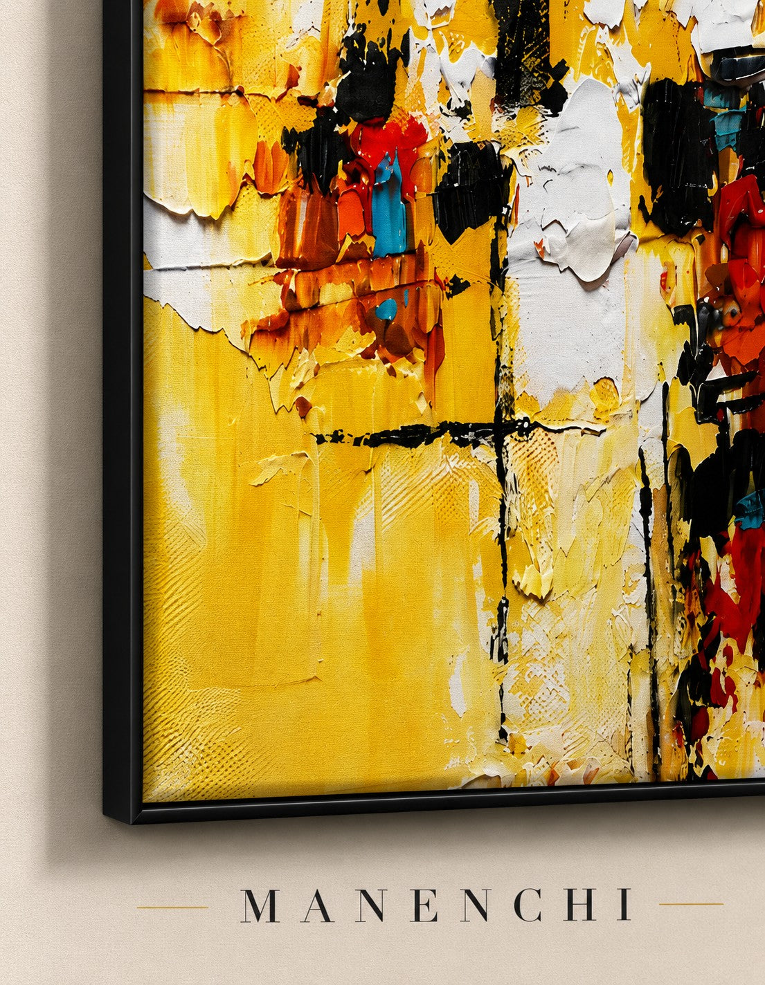 Close-up detail of the textured palette-knife brushwork in Radiant Momentum