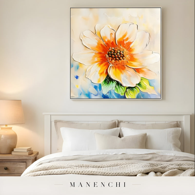 Radiant Solar Bloom abstract painting displayed in bedroom wall art