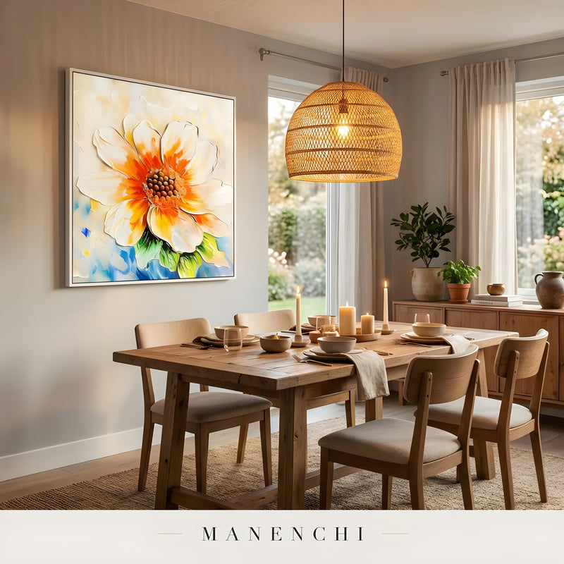 Radiant Solar Bloom abstract painting displayed in dining room interior