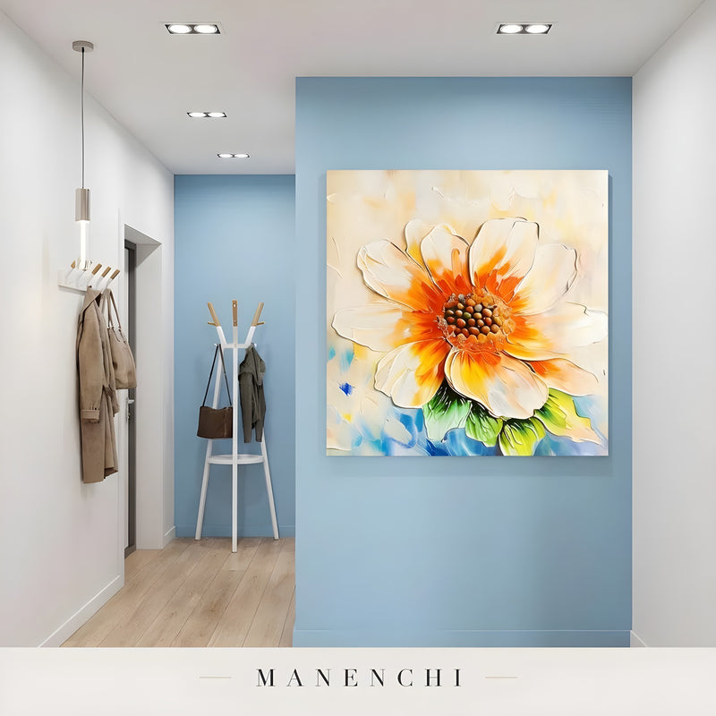 Radiant Solar Bloom abstract painting displayed in entryway blue wall