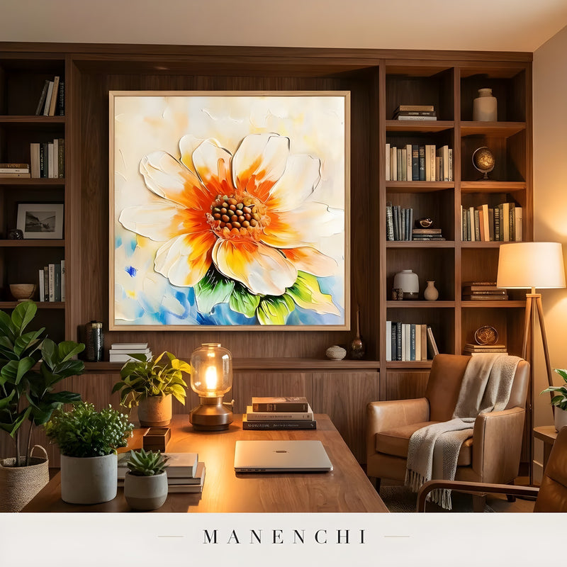 Radiant Solar Bloom abstract painting displayed in home office decor