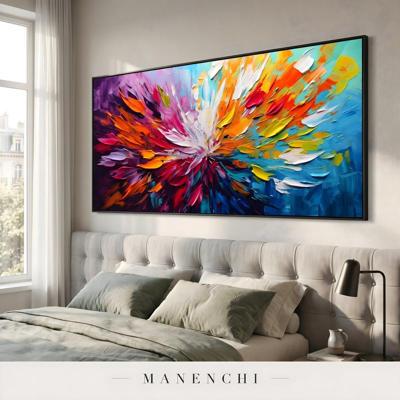 Radiant Spectrum Burst abstract painting displayed in bedroom wall art