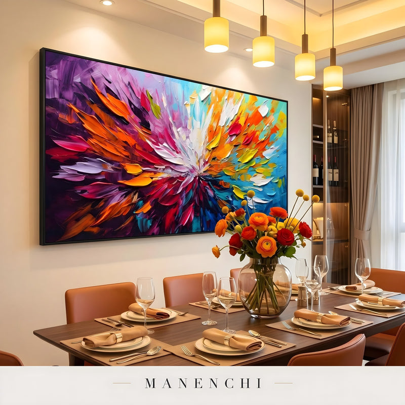 Radiant Spectrum Burst abstract painting displayed in dining room setting