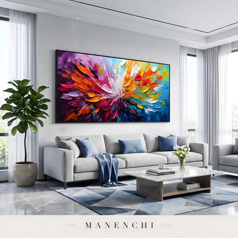 Radiant Spectrum Burst abstract painting displayed in living room decor