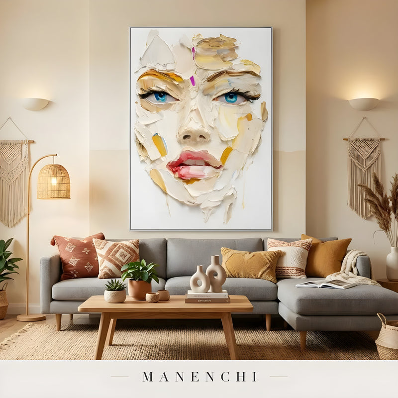 Radiant Visage Expression abstract painting displayed in cozy boho living room