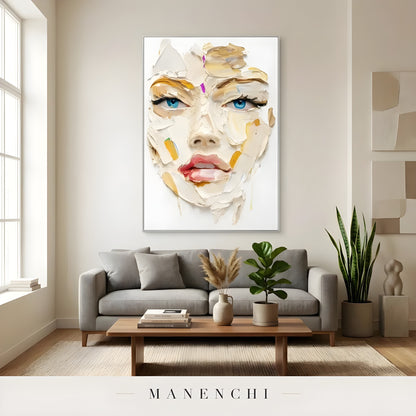 Radiant Visage Expression abstract painting displayed in living room sofa
