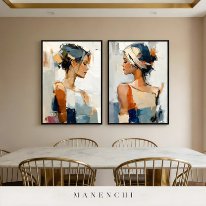 Reflective Dualities portrait diptych displayed in dining room wall art