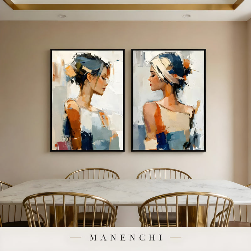 Reflective Dualities portrait diptych displayed in dining room wall art