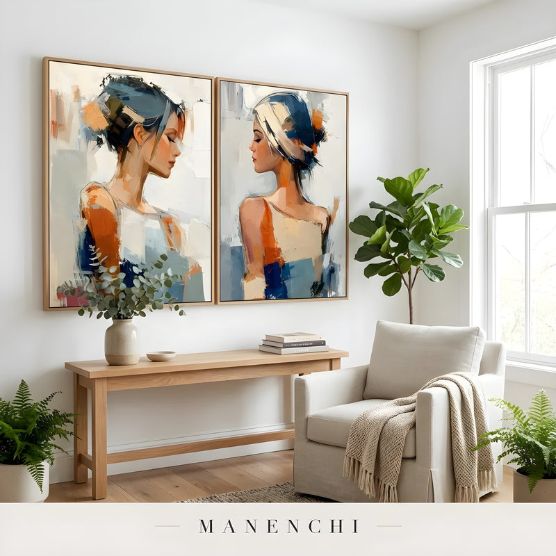 Reflective Dualities portrait diptych displayed in entryway console table decor
