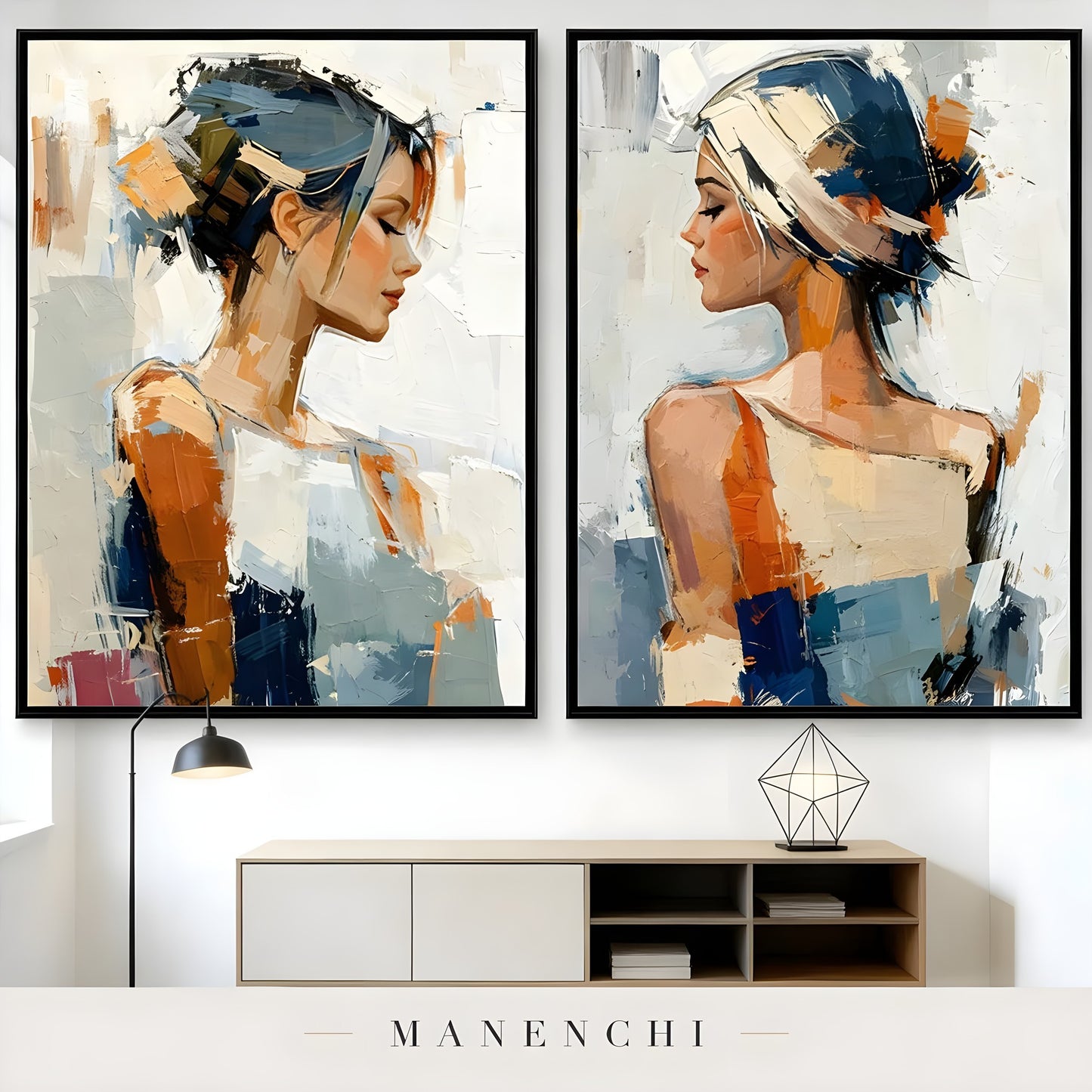 Reflective Dualities portrait diptych displayed in living room side table decor