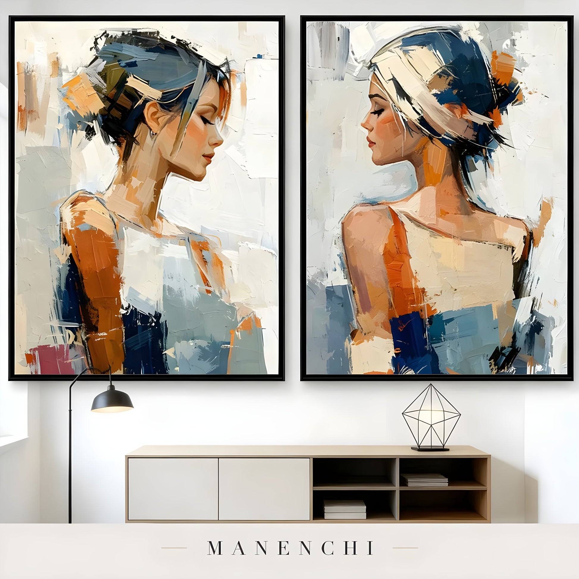 Reflective Dualities portrait diptych displayed in living room side table decor