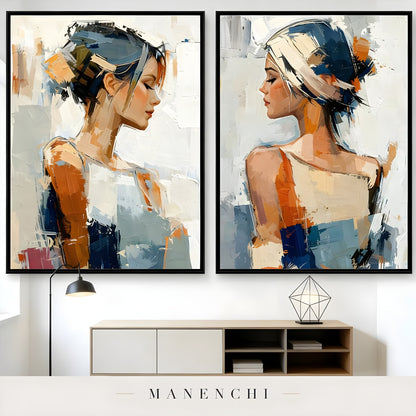 Reflective Dualities portrait diptych displayed in living room side table decor