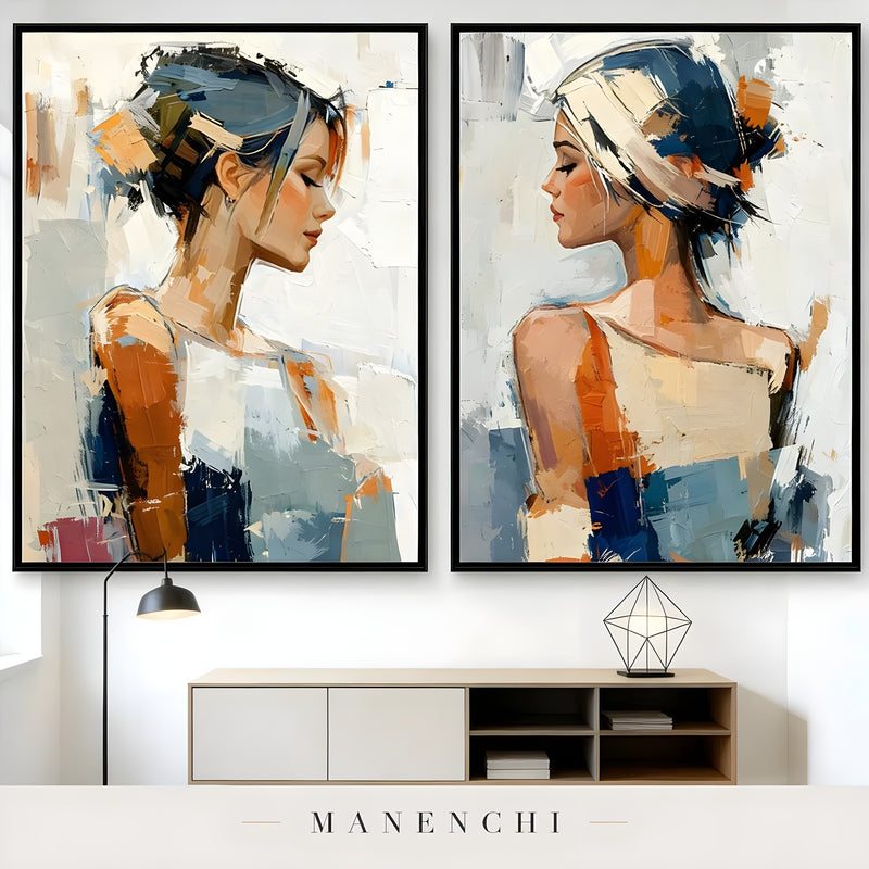 Reflective Dualities portrait diptych displayed in living room side table decor
