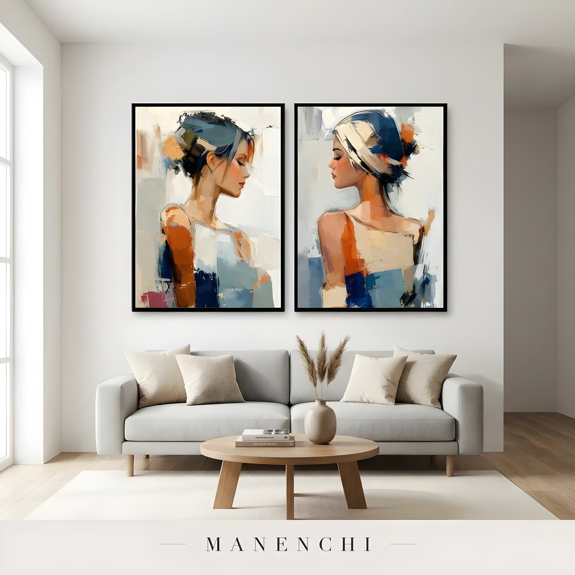 Reflective Dualities portrait diptych displayed in living room sofa display