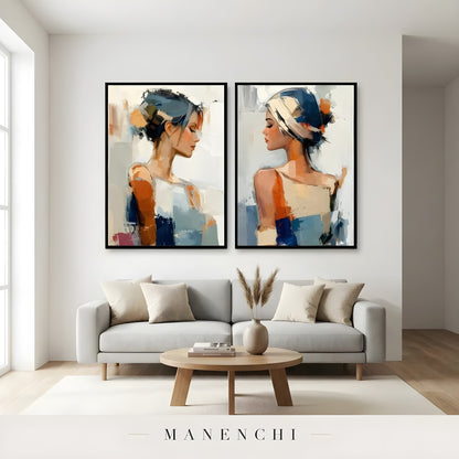Reflective Dualities portrait diptych displayed in living room sofa display
