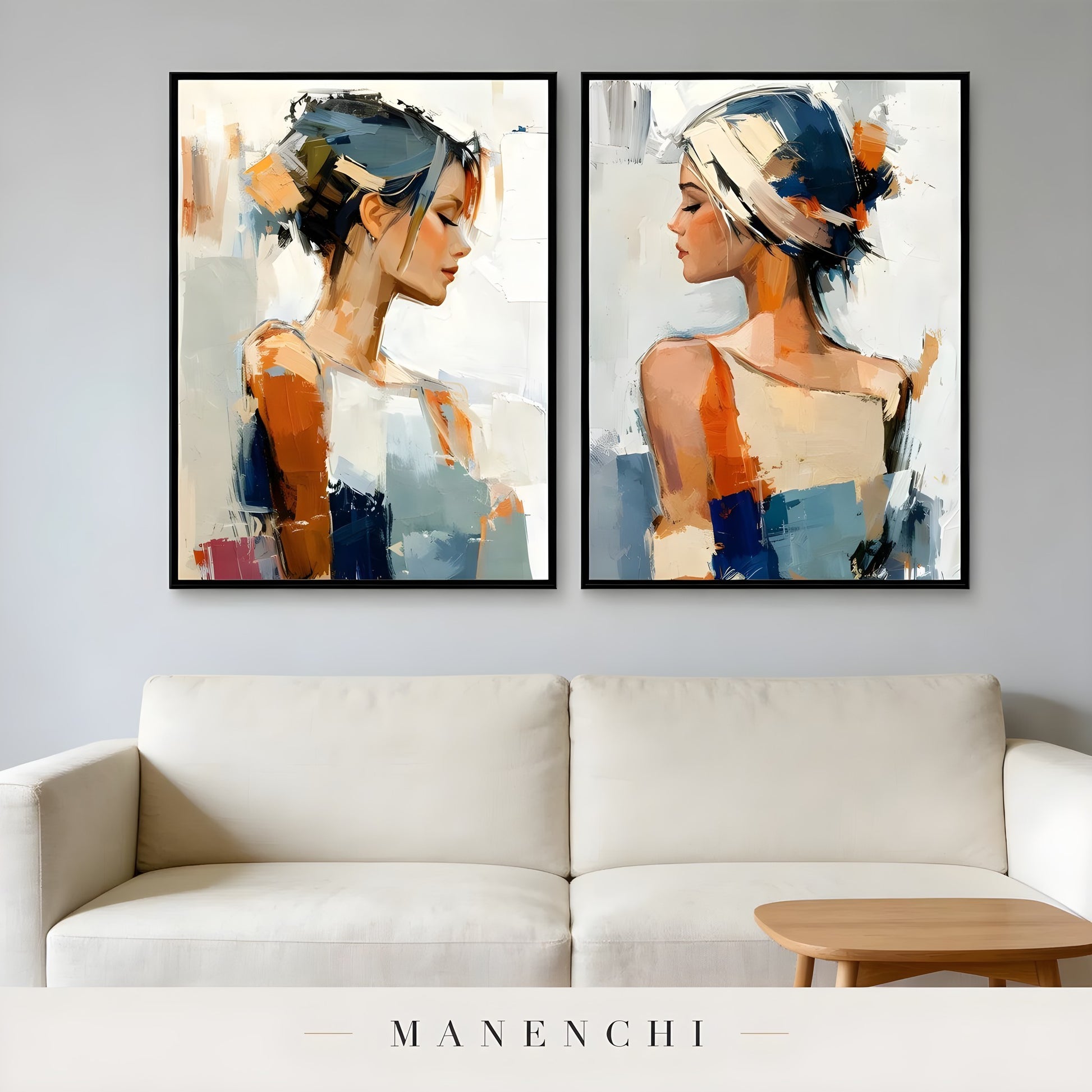 Reflective Dualities portrait diptych displayed in modern sofa wall decor