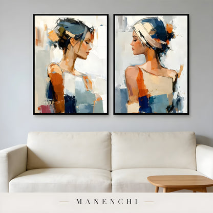 Reflective Dualities portrait diptych displayed in modern sofa wall decor