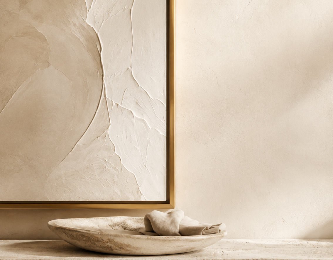 Textured painting corner and stone bowl on a sunlit studio shelf
