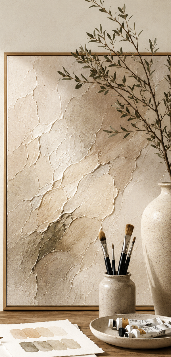 Framed textured painting with brushes and a ceramic vase on a studio table