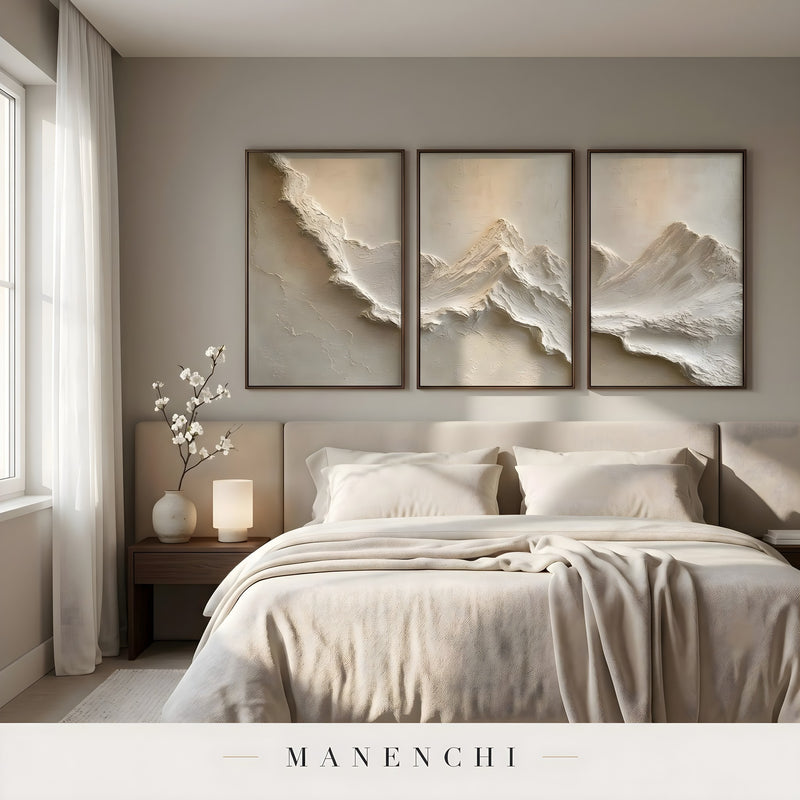 Ridge Line Flow abstract painting displayed in three panel bedroom triptych