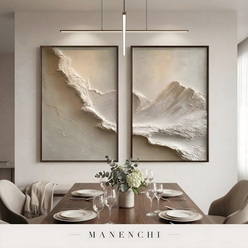 Ridge Line Flow abstract painting displayed in two panel dining room