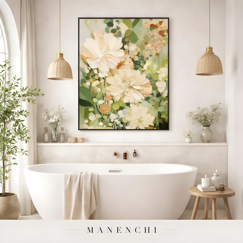 Sage Garden Bloom abstract painting displayed in bathroom