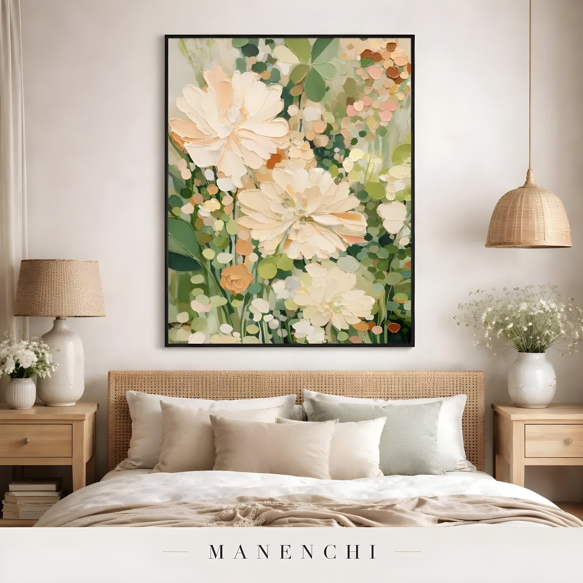 Sage Garden Bloom abstract painting displayed in bedroom