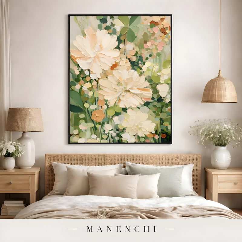 Sage Garden Bloom abstract painting displayed in bedroom