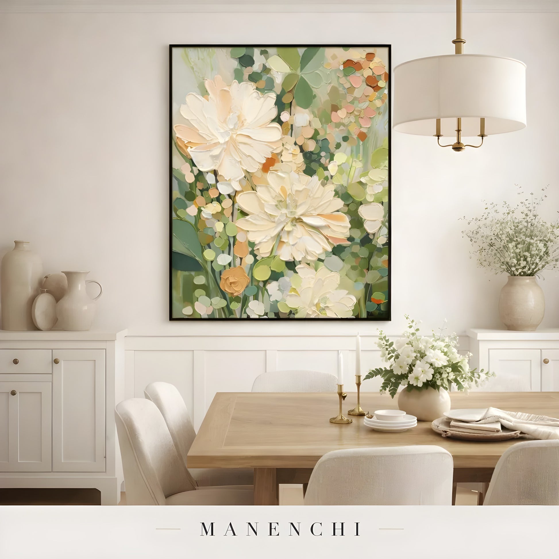 Sage Garden Bloom abstract painting displayed in dining room